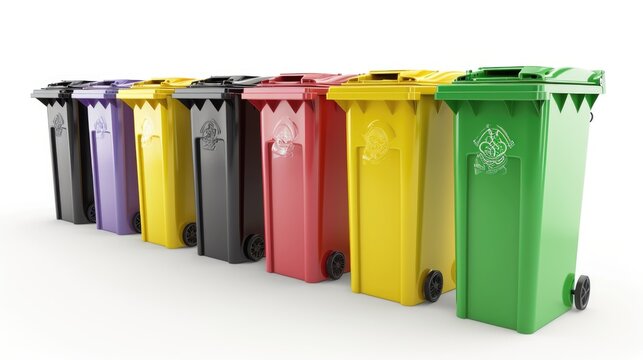 A row of colorful trash cans lined up next to each other. Perfect for illustrating waste management or recycling concepts