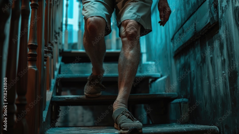 Poster a man is seen walking up a set of stairs. this image can be used to depict progress, determination, 