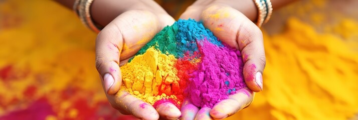 Hands Holding Vibrant Powder, pink, yellow, green, blue color powder, Unity and Joy, Ideal for Event Promotions, Colorful Holi Festival Celebrations.