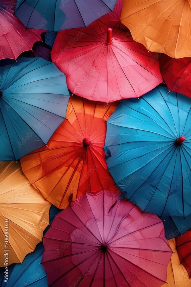 Poster A bunch of colorful umbrellas stacked on top of each other. Perfect for adding a pop of color to any rainy day.