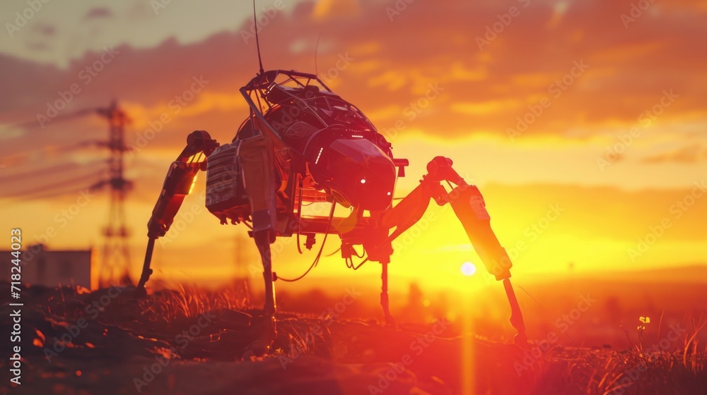Poster A small robot sitting on top of a grass covered field. Suitable for technology or futuristic concepts