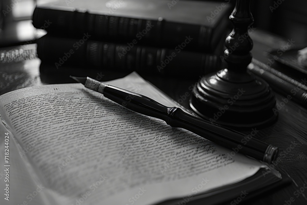 Aufkleber A pen is placed on top of an open book. This versatile image can be used to represent studying, writing, education, or creativity