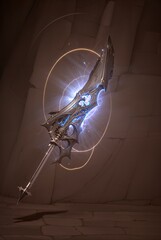 A fantasy weapon with energy glow on a dark background