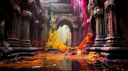 Color Splashes for Holi in Ancient Temple
