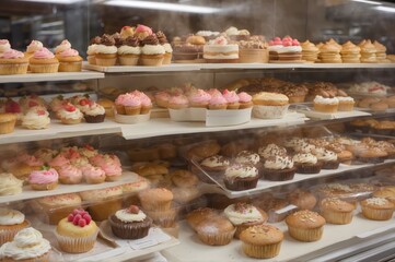  bakery store with a variety of cupcakes. showcase of bakery with muffines