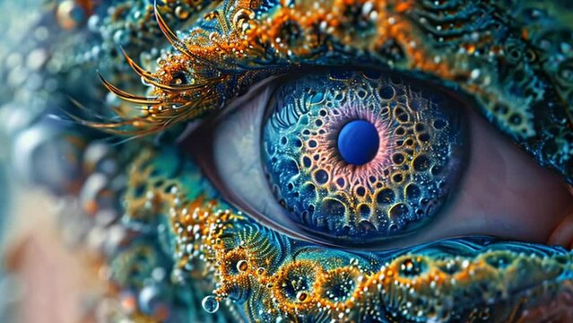 Abstract close up of blue ornate eye of a female, fractal concept Generative AI 