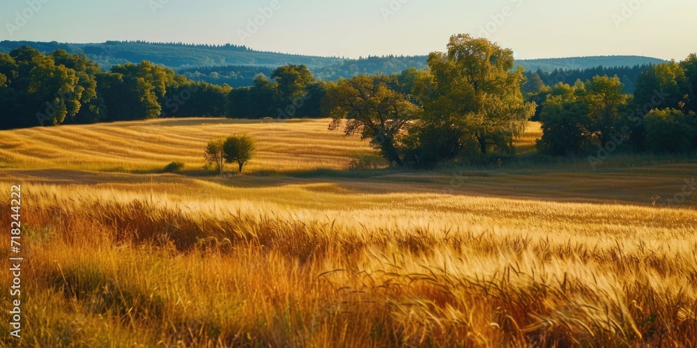 Poster A picture showcasing a field of grass with trees in the background. Suitable for various uses