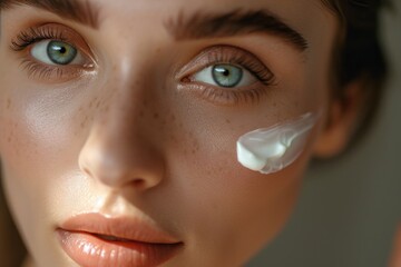 A close-up of a woman with a lot of cream on her face. Ideal for beauty and skincare concepts