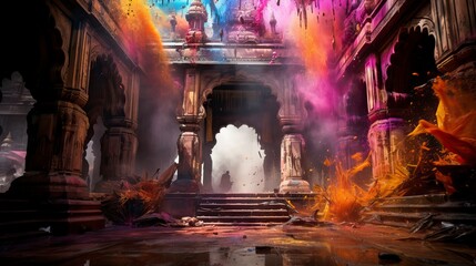 Color Splashes for Holi in Ancient Temple