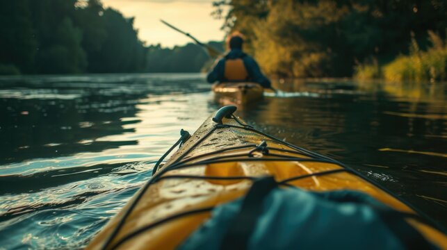 A person is seen paddling on a river. This image can be used to depict outdoor activities and adventure sports