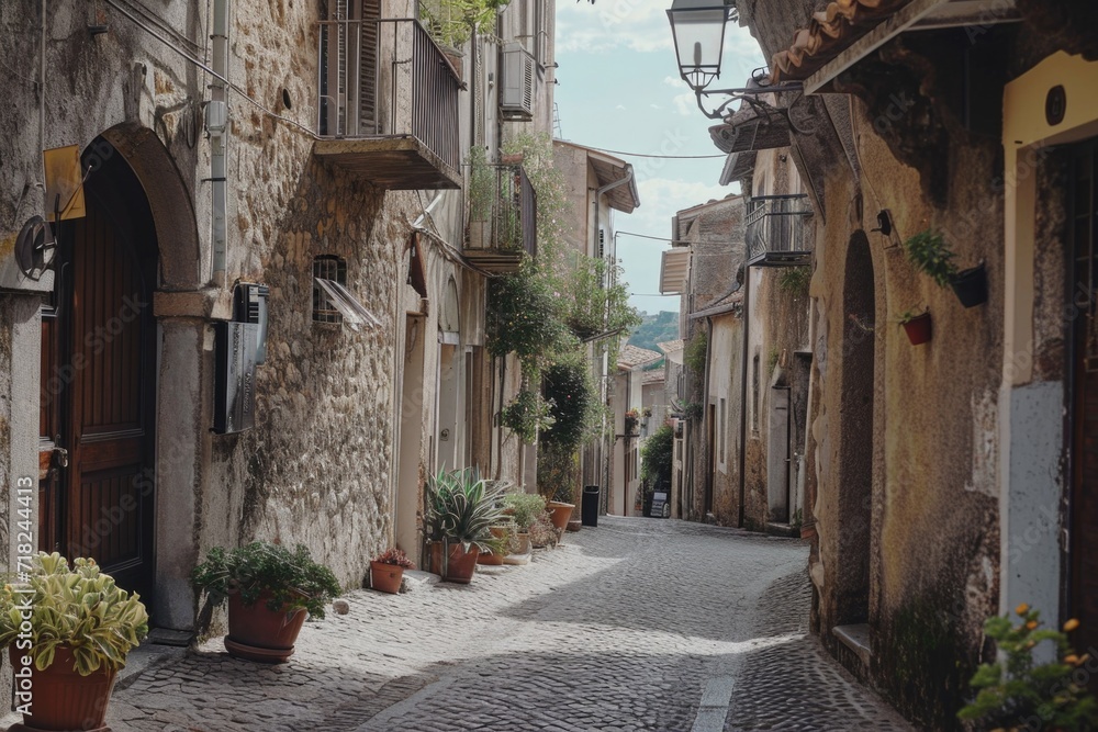 Poster a charming cobblestone street lined with beautifully arranged potted plants. perfect for adding a to