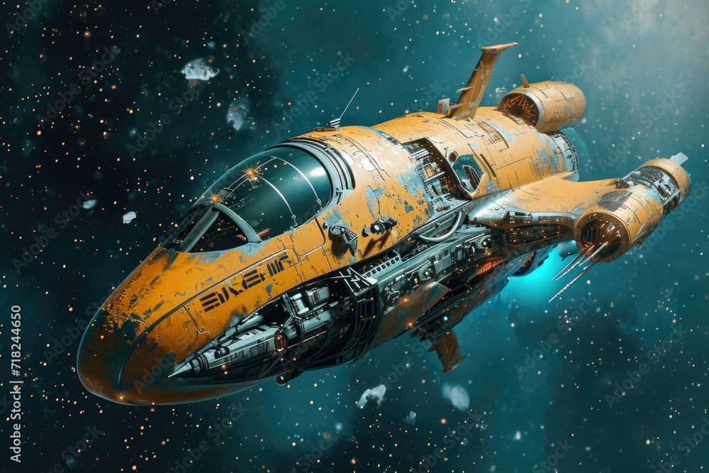 Poster a large yellow space ship floating in space. can be used to depict futuristic space travel or scienc