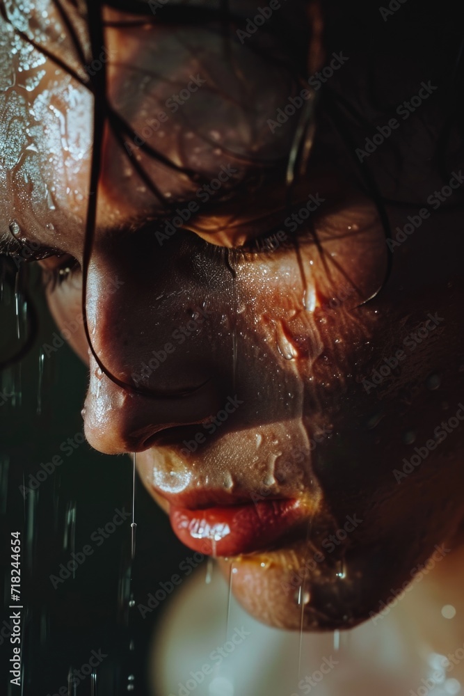 Aufkleber A close-up view of a woman's face getting wet in the rain. Suitable for various concepts and themes