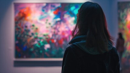 A woman stands in front of a painting, contemplating its beauty. Ideal for art enthusiasts or interior design concepts - obrazy, fototapety, plakaty