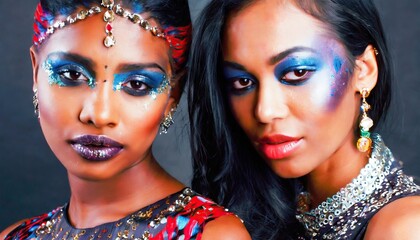 Two Beauty Models with stylized makeup in an array of bold metallic colors 