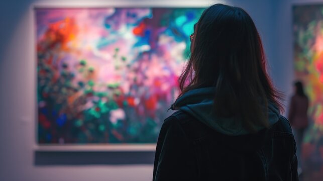 A woman stands in front of a painting, contemplating its beauty. Ideal for art enthusiasts or interior design concepts