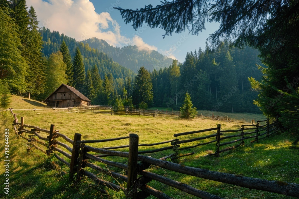 Aufkleber a fenced-in field with a small cabin in the distance. suitable for various outdoor and nature-relate