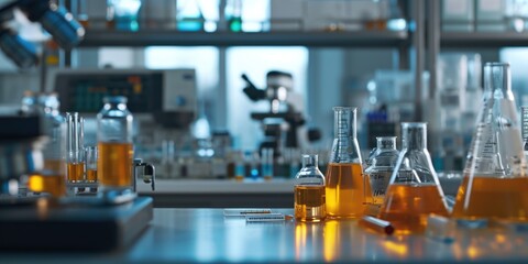A collection of flasks neatly arranged on a countertop. Ideal for science and laboratory concepts