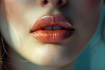 Close-up view of a woman's lips wearing vibrant red lipstick. This image can be used for beauty, fashion, or makeup related projects