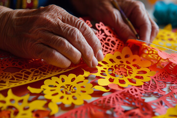 Close-up of hands crafting intricate papel picado decorations, highlighting the artistic expressions and care and love, faith and traditions, family values associated with Cinco de