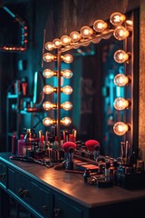 A vanity with a mirror and an assortment of makeup products. Perfect for beauty and self-care related content