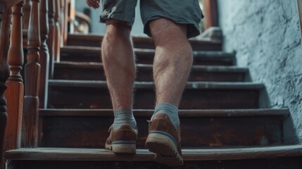 A man is pictured walking up a flight of stairs. This image can be used to represent progress, ambition, determination, or reaching new heights