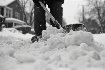 A person is shown shoveling snow and creating a pile. This image can be used to depict winter activities or clearing snow.