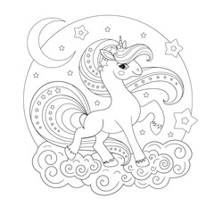 Beautiful unicorn with a long mane. Black and white linear drawing. Doodle Style. Magic theme. For children's design of coloring books, prints. posters, postcards, stickers, puzzles, etc. Vector illus © Zerlina