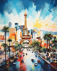 Watercolor Las Vegas Nevada Canvas Painting Illustration Artwork - United States of America Travel Destination Print - Tourism Sin City Oil Painting Portrait - obrazy, fototapety, plakaty