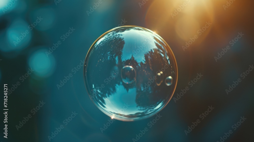 Poster A close-up view of a soap bubble with the sun shining in the background. This image can be used to symbolize beauty, fragility, and the transient nature of life