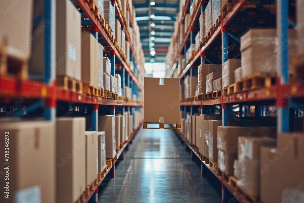 Poster A vast warehouse filled with an abundance of boxes. Suitable for various business and storage concepts