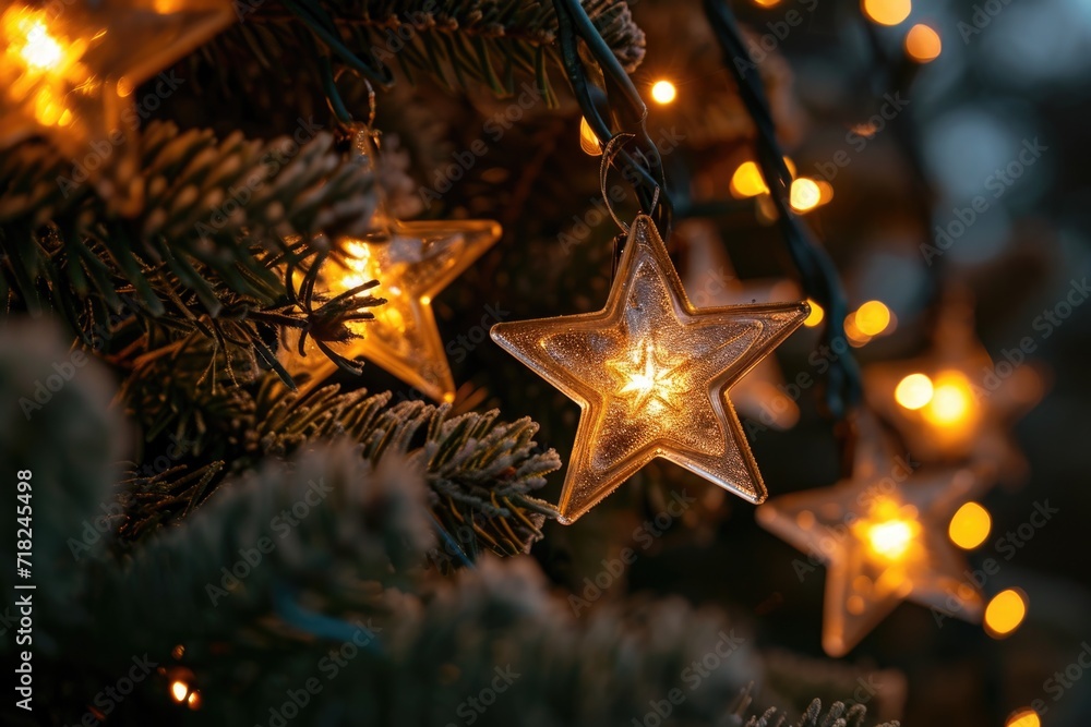 Poster A close-up view of a star ornament on a Christmas tree. This image can be used to add a festive touch to holiday designs