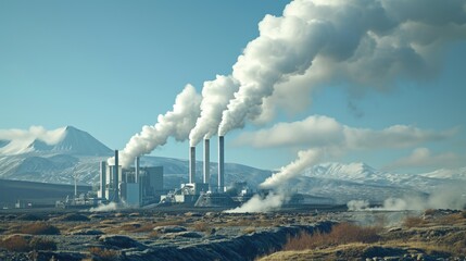 A group of smoke stacks rising from a factory. This image can be used to depict industrial pollution or the manufacturing industry