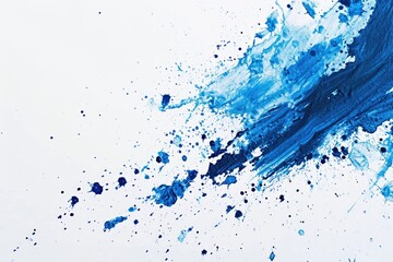 Close up of blue paint splattered on a white surface. Suitable for artistic projects and creative backgrounds