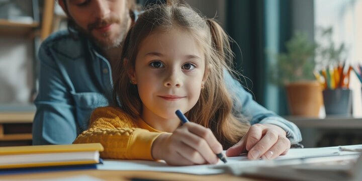 A little girl sitting at a table with a pencil in her hand. This image can be used for educational purposes or to depict creativity and imagination