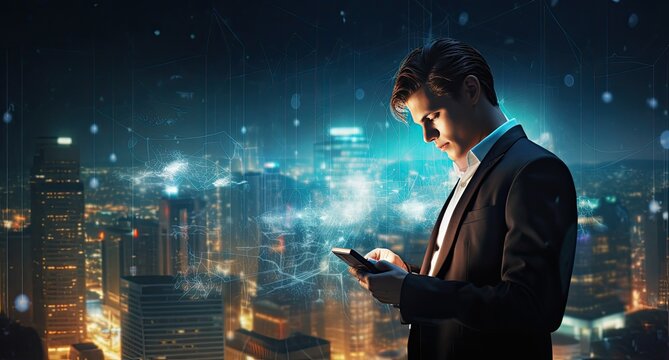 businessman suit using mobile smartphone with city