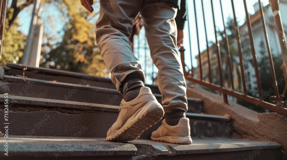 Poster a person is seen walking up a set of stairs. this image can be used to depict progress, determinatio