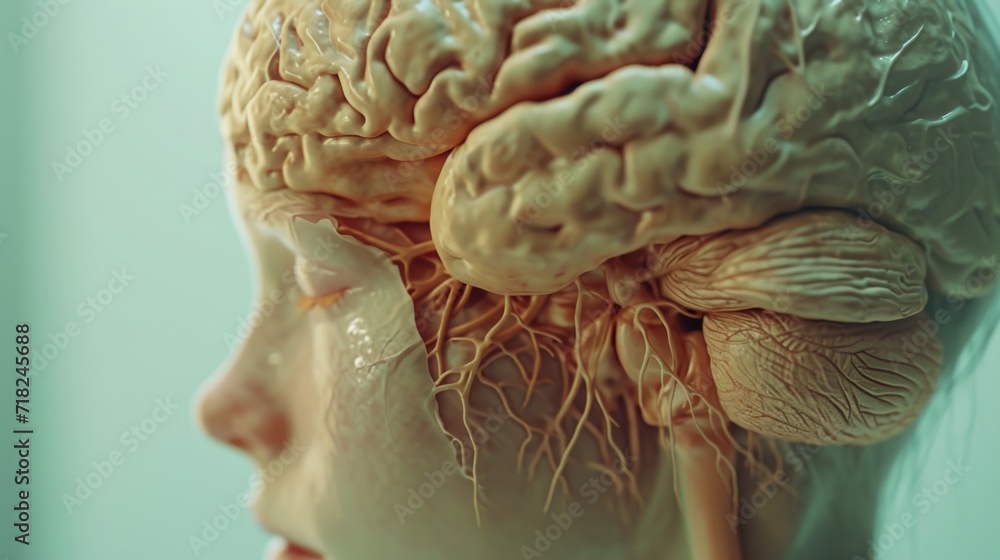 Poster a close up view of a human brain model. this image can be used to illustrate neuroscience, neurology