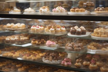  bakery store with a variety of cupcakes. showcase of bakery with muffines
