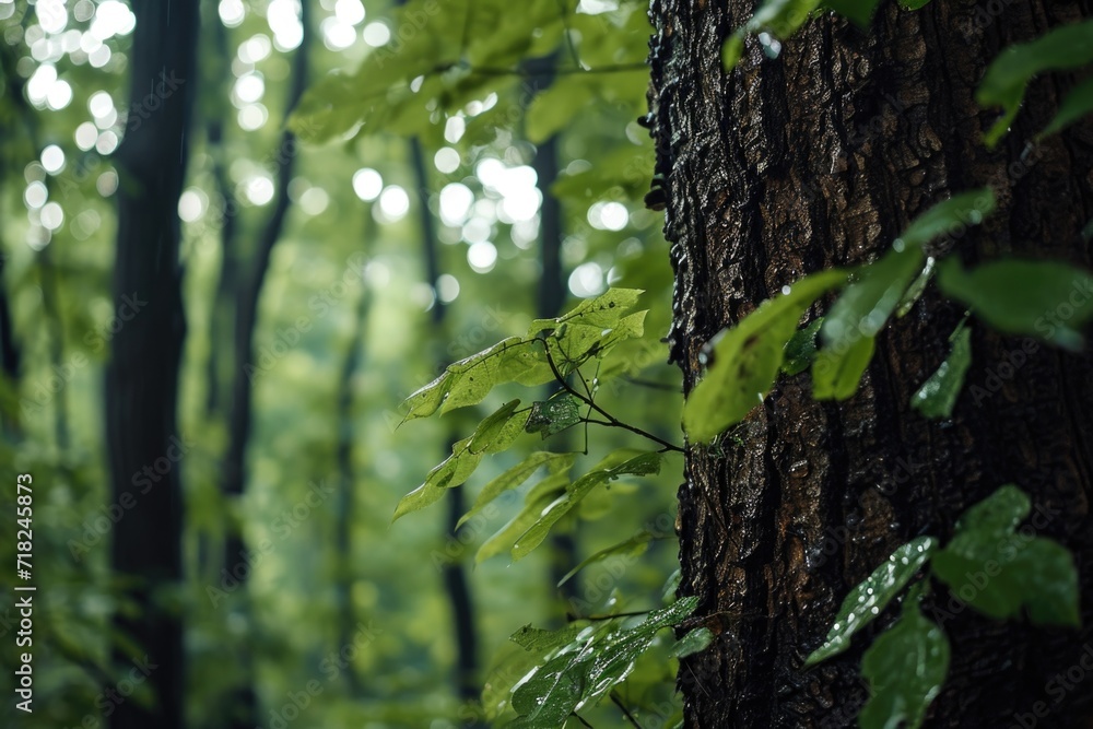 Poster A close-up view of a tree trunk in a forest. This image can be used to depict the beauty of nature and the intricate details of trees.