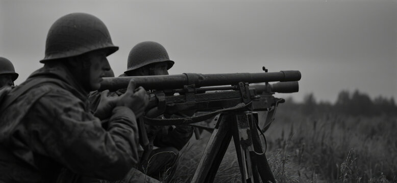 A powerful image of a group of soldiers armed with a machine gun. Perfect for military or action-themed projects