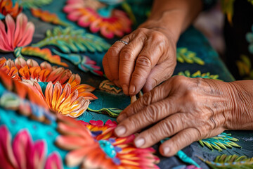 Close-up of hands crafting intricate traditional Mexican paper mache artwork, illustrating the artistic expressions and care and love, faith and traditions, family values associate - obrazy, fototapety, plakaty
