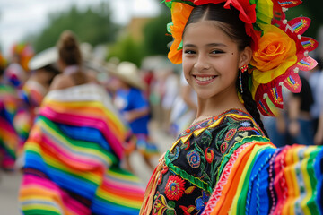 A community participating in a colorful and lively Cinco de Mayo parade, capturing the festive...