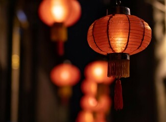 ''Chou chin'' Japanese Asian lanterns on the street of Japan at night - obrazy, fototapety, plakaty