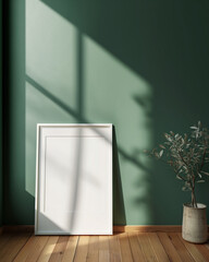 Blank white poster frame with white passe-partout mock up template, room interior in scandinavian style, dark green walls, wooden floor and green plant. Ray of sun