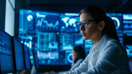 Eine Frau vor einem Bildschirm in einem Überwachungsraum mit Charts und Auswertungen