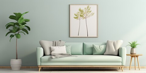 Elegant and minimalistic eucalyptus-inspired home interior design with stylish accessories and a mint sofa.