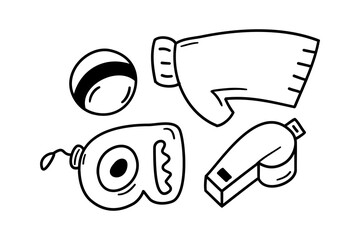 Doodle dog accessories for walking. Pet suit,ball, leash, whistle. Vector icons