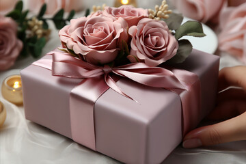 Pink gift box with ribbons and roses, beautifully adorned in a delicate shade of pink