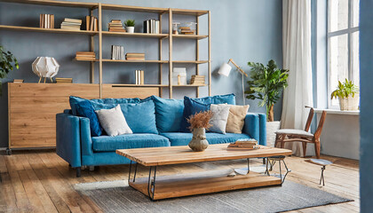 Nordic Harmony: Wooden Coffee Table, Blue Sofa, and Wall-Mounted Bookshelf